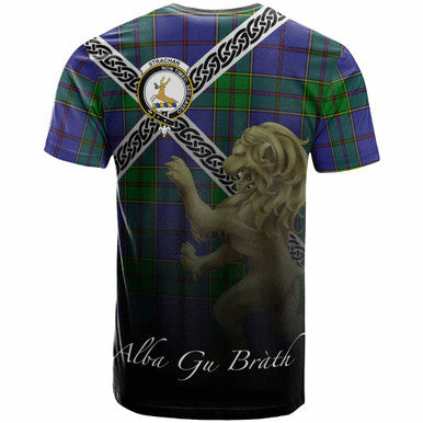 Scottish Strachan Clan Crest Tartan T-Shirt - Celtic With Scotland Lion Back Side Tartan Plaid