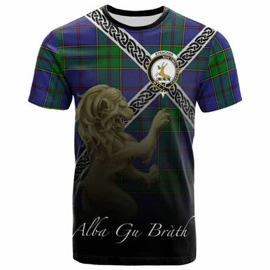 Scottish Strachan Clan Crest Tartan T-Shirt - Celtic With Scotland Lion Front Side Tartan Plaid