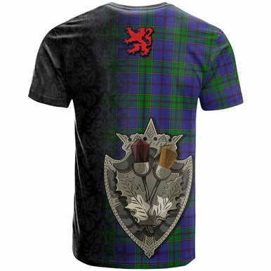 Scottish Strachan Clan Crest Tartan T-Shirt - Half Thistle Flowers Celtic Design Back Side Tartan Plaid