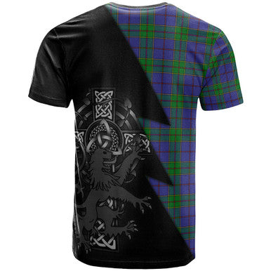 Scottish Strachan Clan Crest Tartan T-Shirt - Lion Rampant Celtic Cross Flash Style Back Side Tartan Plaid