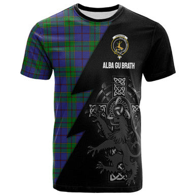 Scottish Strachan Clan Crest Tartan T-Shirt - Lion Rampant Celtic Cross Flash Style Front Side Tartan Plaid