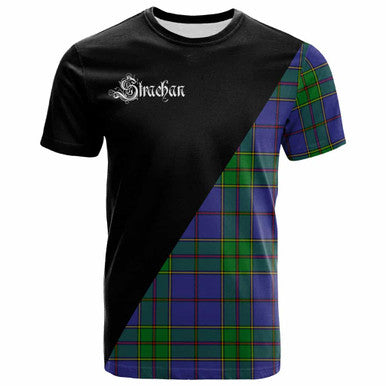 Scottish Strachan Clan Crest Tartan T-Shirt - Military Logo Front Side Tartan Plaid