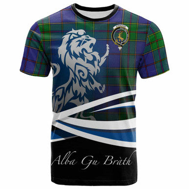 Scottish Strachan Clan Crest Tartan T-Shirt - Scotland Lion Front Side Tartan Plaid