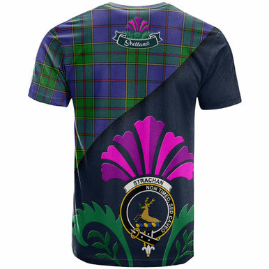 Scottish Strachan Clan Crest Tartan T-Shirt - Scotland Thistle Style Back Side Tartan Plaid