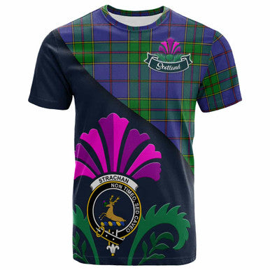 Scottish Strachan Clan Crest Tartan T-Shirt - Scotland Thistle Style Front Side Tartan Plaid