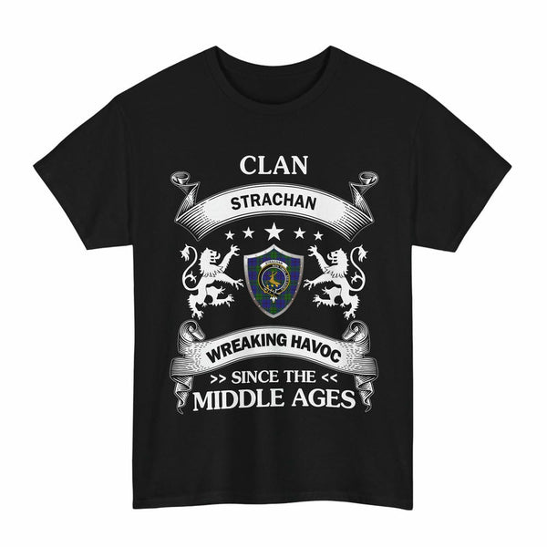 Scottish Strachan Clan Crest Tartan T-Shirt Wreaking Havoc Design Tartan Plaid Black Color