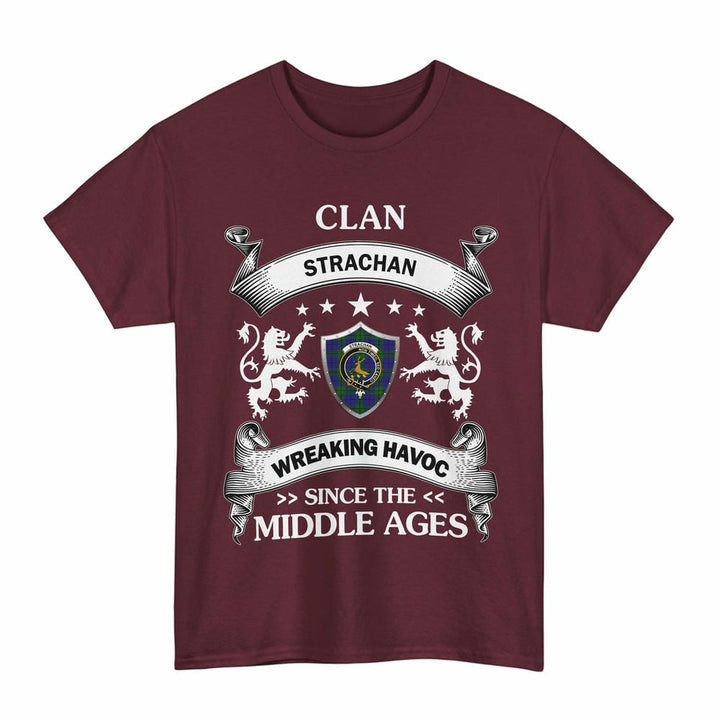 Scottish Strachan Clan Crest Tartan T-Shirt Wreaking Havoc Design Tartan Plaid Maroon Color