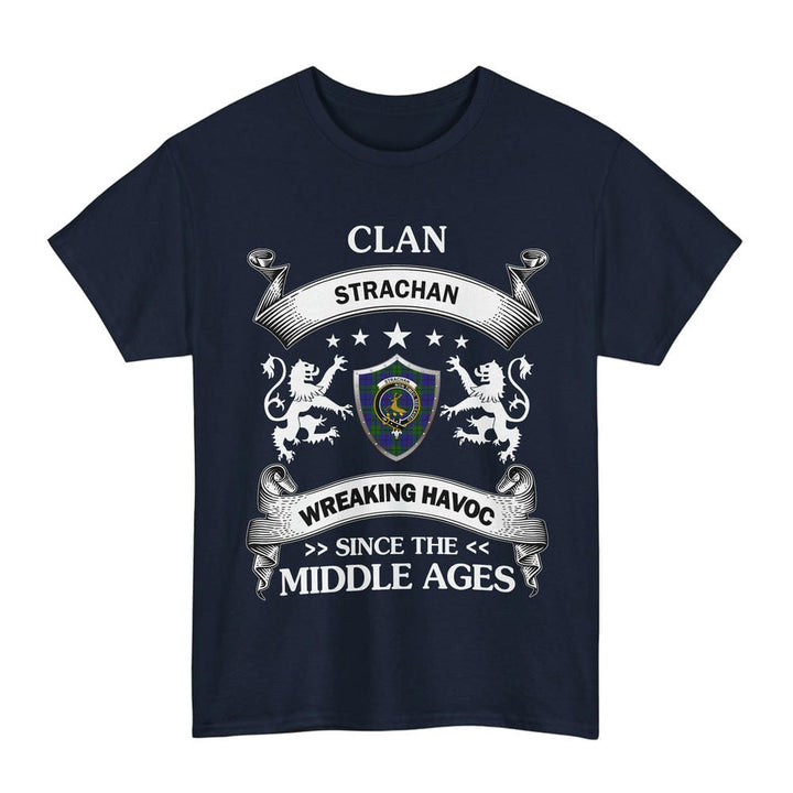 Scottish Strachan Clan Crest Tartan T-Shirt Wreaking Havoc Design Tartan Plaid Navy Color