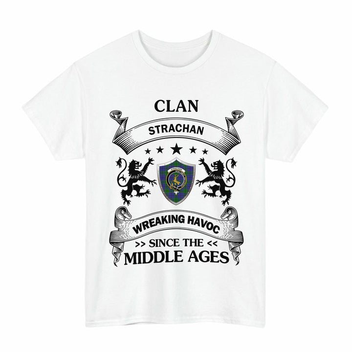 Scottish Strachan Clan Crest Tartan T-Shirt Wreaking Havoc Design Tartan Plaid White Color