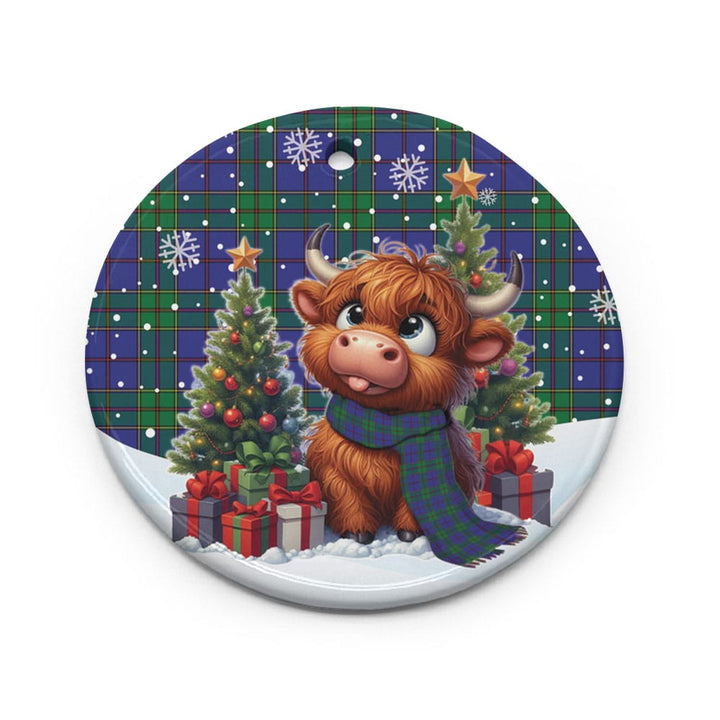 Scottish Strachan Clan Tartan Ceramic Ornament Cute Highland Cow Christmas Circle Style Tartan Plaid