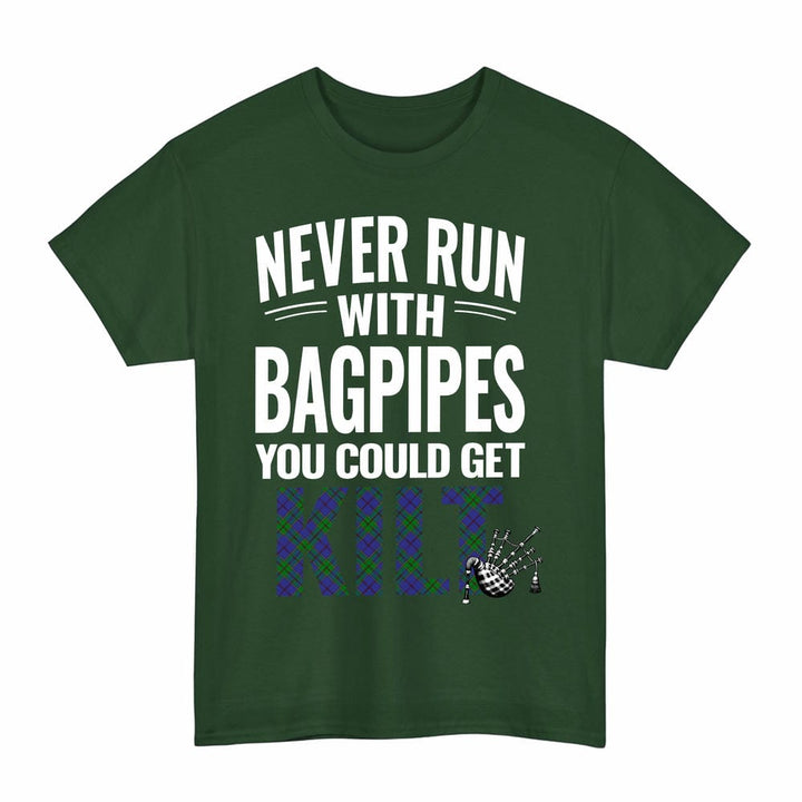 Scottish Strachan Clan Tartan Never Run With Bagpipes T-Shirt Tartan Plaid Forest Green Color