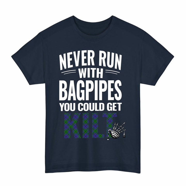 Scottish Strachan Clan Tartan Never Run With Bagpipes T-Shirt Tartan Plaid Navy Color