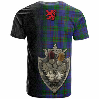 Scottish Strachan Clan Tartan T-Shirt - Half Thistle Flowers Celtic Design Back Side Tartan Plaid