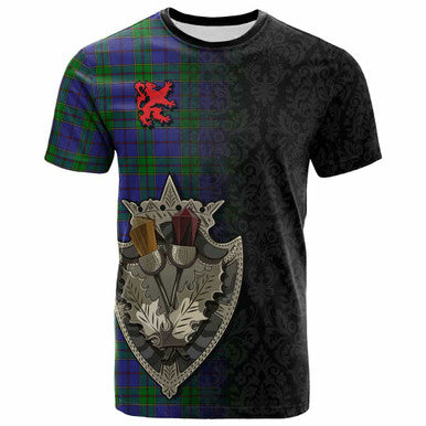 Scottish Strachan Clan Tartan T-Shirt - Half Thistle Flowers Celtic Design Front Side Tartan Plaid