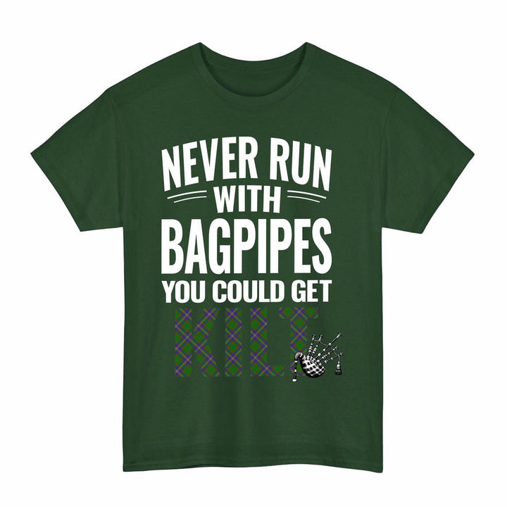Scottish Strange of Balkaskie Clan Tartan Never Run With Bagpipes T-Shirt Tartan Plaid Forest Green Color