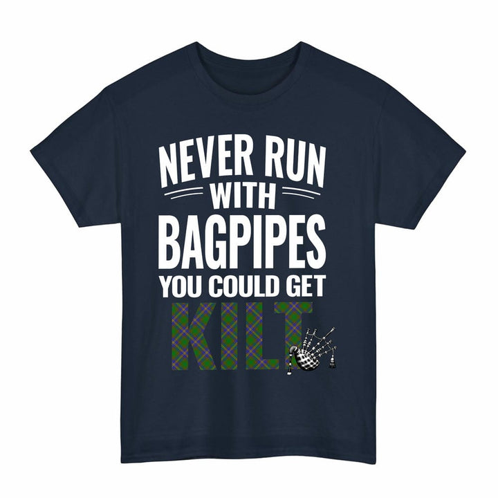 Scottish Strange of Balkaskie Clan Tartan Never Run With Bagpipes T-Shirt Tartan Plaid Navy Color