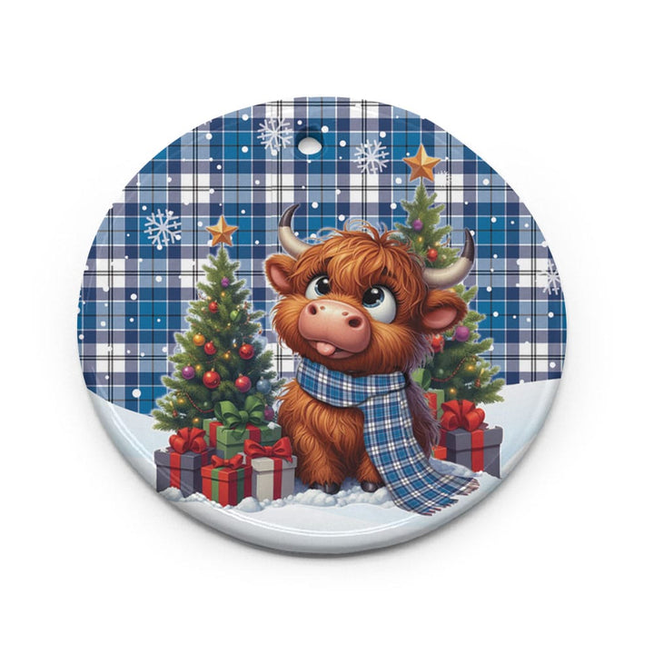Scottish Strathclyde District Clan Tartan Ceramic Ornament Cute Highland Cow Christmas Circle Style Tartan Plaid