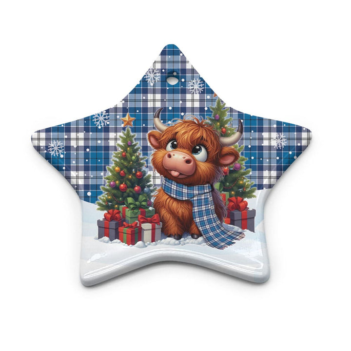 Scottish Strathclyde District Clan Tartan Ceramic Ornament Cute Highland Cow Christmas Star Style Tartan Plaid