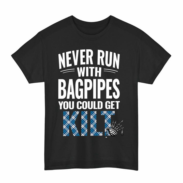 Scottish Strathclyde District Clan Tartan Never Run With Bagpipes T-Shirt Tartan Plaid Black Color