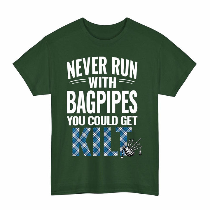 Scottish Strathclyde District Clan Tartan Never Run With Bagpipes T-Shirt Tartan Plaid Forest Green Color