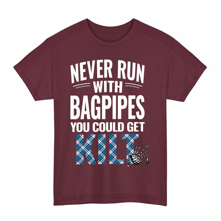 Scottish Strathclyde District Clan Tartan Never Run With Bagpipes T-Shirt Tartan Plaid Maroon Color
