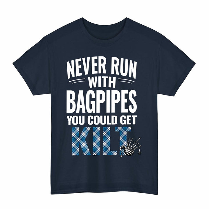 Scottish Strathclyde District Clan Tartan Never Run With Bagpipes T-Shirt Tartan Plaid Navy Color