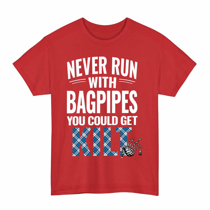 Scottish Strathclyde District Clan Tartan Never Run With Bagpipes T-Shirt Tartan Plaid Red Color