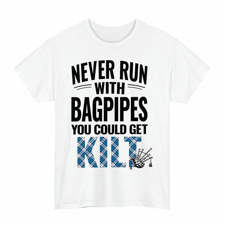 Scottish Strathclyde District Clan Tartan Never Run With Bagpipes T-Shirt Tartan Plaid White Color