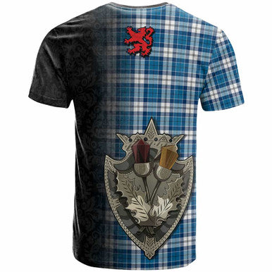 Scottish Strathclyde District Clan Tartan T-Shirt - Half Thistle Flowers Celtic Design Back Side Tartan Plaid