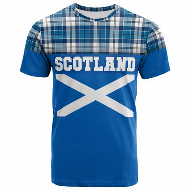 Scottish Strathclyde District Clan Tartan T-Shirt - Lion Rampant of Scotland With Flag Front Side Tartan Plaid