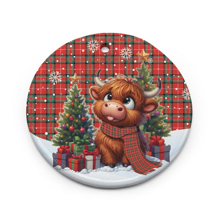 Scottish Stuart of Bute Clan Tartan Ceramic Ornament Cute Highland Cow Christmas Circle Style Tartan Plaid