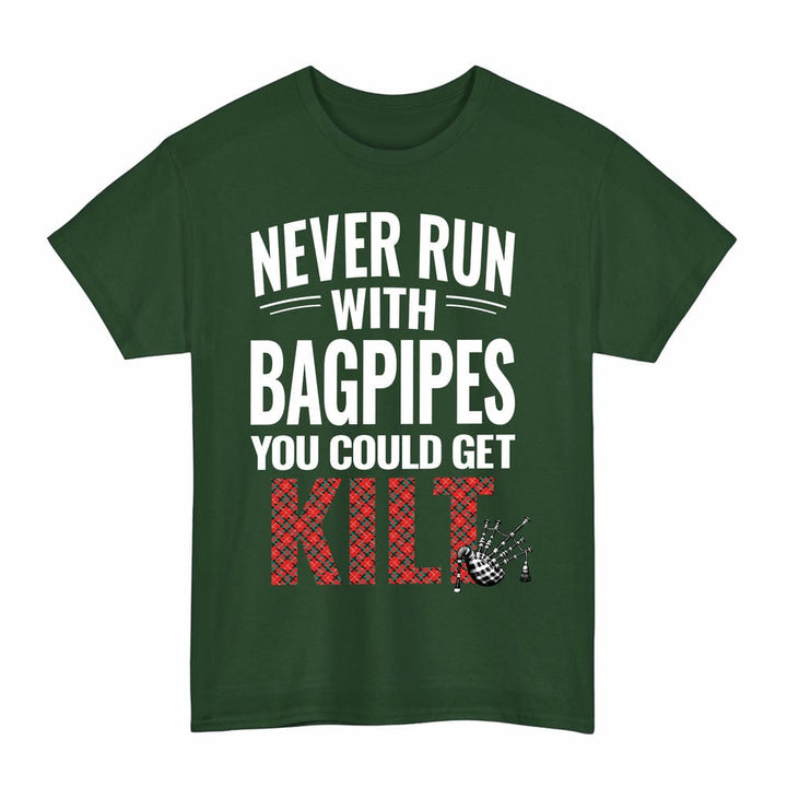 Scottish Stuart of Bute Clan Tartan Never Run With Bagpipes T-Shirt Tartan Plaid Forest Green Color