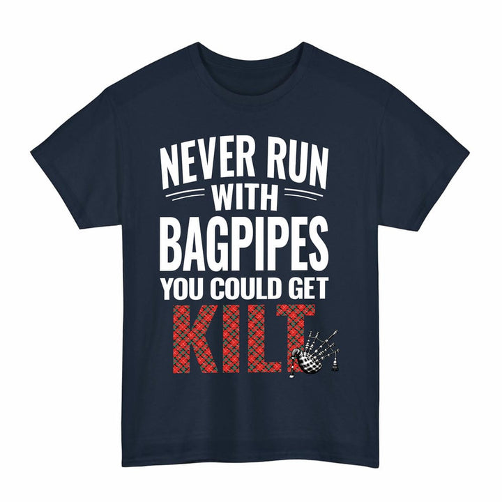 Scottish Stuart of Bute Clan Tartan Never Run With Bagpipes T-Shirt Tartan Plaid Navy Color