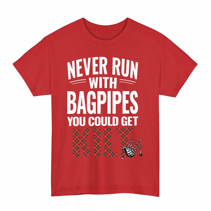Scottish Stuart of Bute Clan Tartan Never Run With Bagpipes T-Shirt Tartan Plaid Red Color