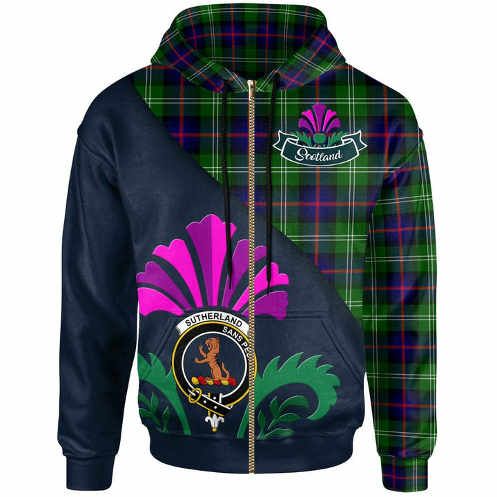 Scottish Sutherland II Clan Crest Tartan Hoodie - Scotland Thistle Style Zip-up Tartan Plaid