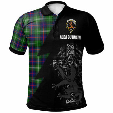 Scottish Sutherland II Clan Crest Tartan Polo Shirt - Lion Rampant Celtic Cross Flash Style Front Side Tartan Plaid