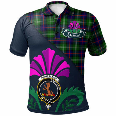 Scottish Sutherland II Clan Crest Tartan Polo Shirt - Scotland Thistle Style Front Side Tartan Plaid