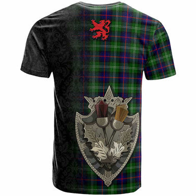 Scottish Sutherland II Clan Crest Tartan T-Shirt - Half Thistle Flowers Celtic Design Back Side Tartan Plaid