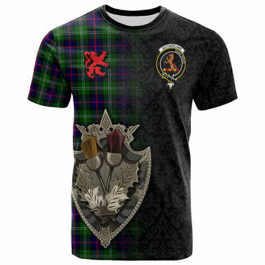 Scottish Sutherland II Clan Crest Tartan T-Shirt - Half Thistle Flowers Celtic Design Front Side Tartan Plaid
