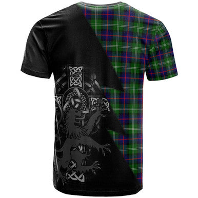 Scottish Sutherland II Clan Crest Tartan T-Shirt - Lion Rampant Celtic Cross Flash Style Back Side Tartan Plaid