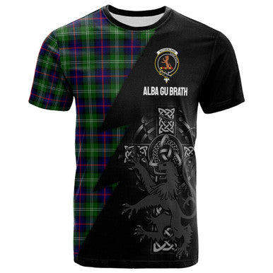Scottish Sutherland II Clan Crest Tartan T-Shirt - Lion Rampant Celtic Cross Flash Style Front Side Tartan Plaid