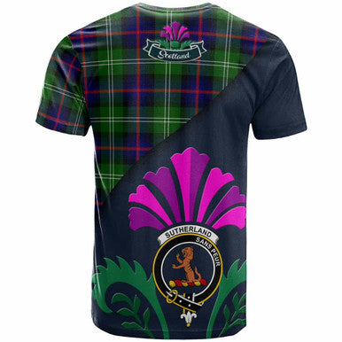 Scottish Sutherland II Clan Crest Tartan T-Shirt - Scotland Thistle Style Back Side Tartan Plaid