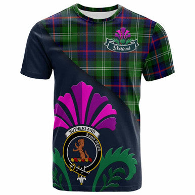 Scottish Sutherland II Clan Crest Tartan T-Shirt - Scotland Thistle Style Front Side Tartan Plaid