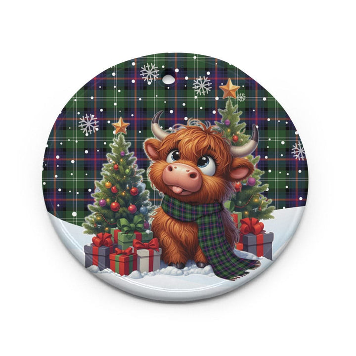 Scottish Sutherland Modern Clan Tartan Ceramic Ornament Cute Highland Cow Christmas Circle Style Tartan Plaid