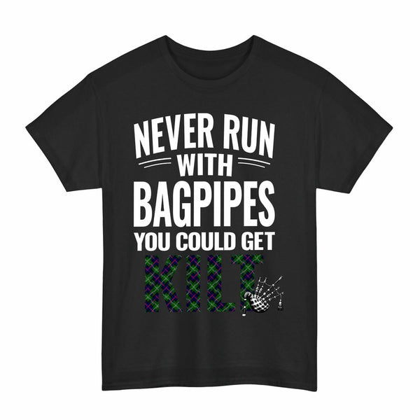 Scottish Sutherland Modern Clan Tartan Never Run With Bagpipes T-Shirt Tartan Plaid Black Color