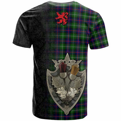 Scottish Sutherland Modern Clan Tartan T-Shirt - Half Thistle Flowers Celtic Design Back Side Tartan Plaid