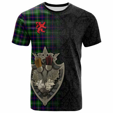 Scottish Sutherland Modern Clan Tartan T-Shirt - Half Thistle Flowers Celtic Design Front Side Tartan Plaid