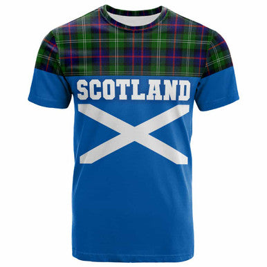 Scottish Sutherland Modern Clan Tartan T-Shirt - Lion Rampant of Scotland With Flag Front Side Tartan Plaid
