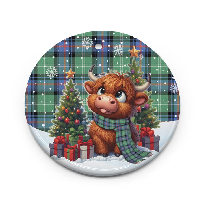 Scottish Sutherland Old Ancient Clan Tartan Ceramic Ornament Cute Highland Cow Christmas Circle Style Tartan Plaid