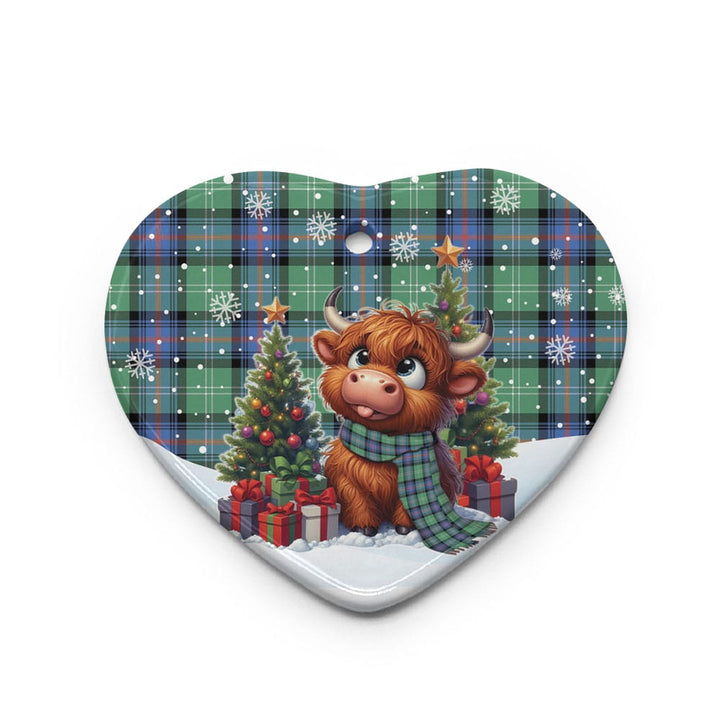 Scottish Sutherland Old Ancient Clan Tartan Ceramic Ornament Cute Highland Cow Christmas Heart Style Tartan Plaid